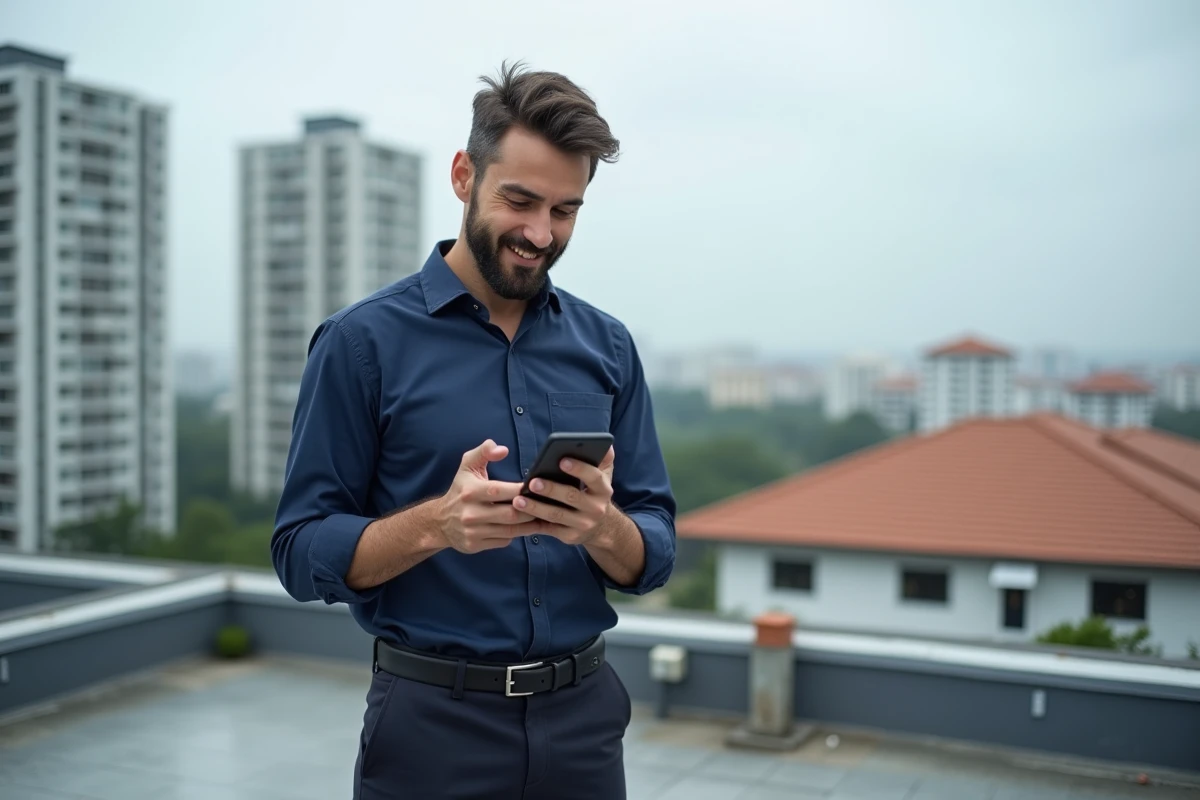 Homme gérant des propriétés immobilières depuis son téléphone sur un toit en ville, interface de gestion locative sur mobile