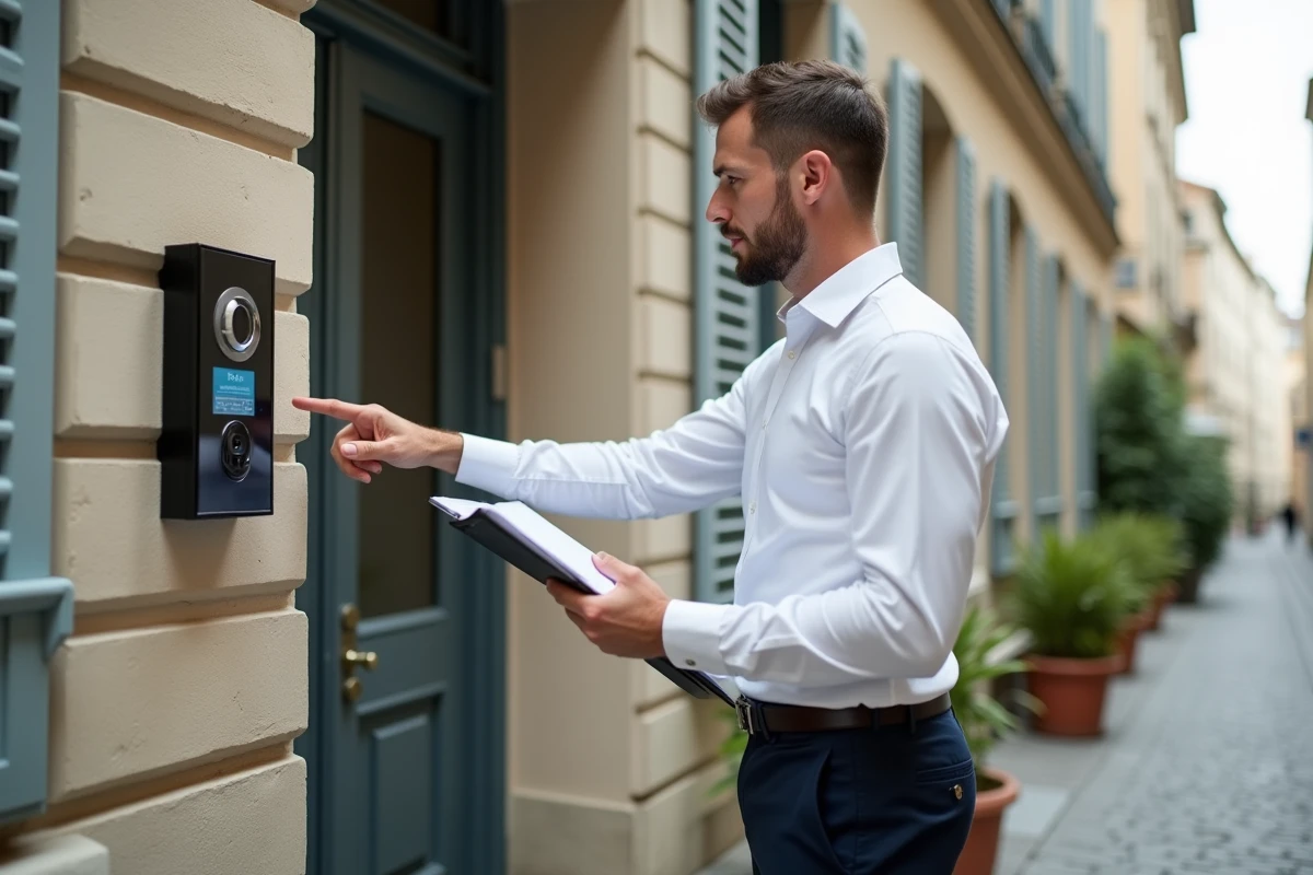 Gestionnaire de copropriété inspectant l'entrée d'un immeuble rénové avec formulaires de gestion TIMIM