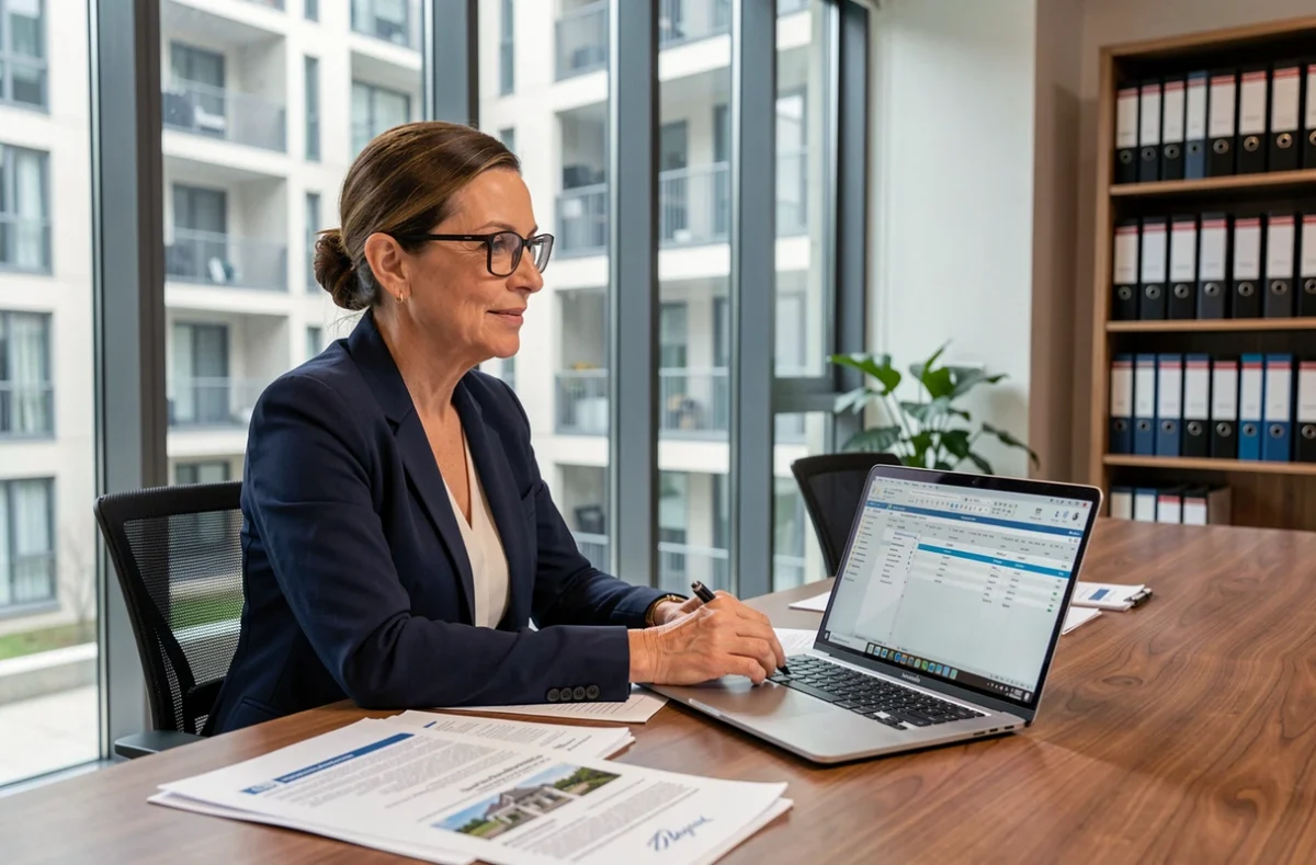 Gestionnaire de copropriété en réunion avec des documents de syndic sur une table de conférence moderne