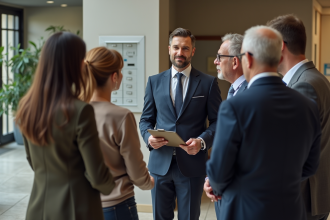 Gestionnaire immobilier parlant avec résidents dans un hall moderne