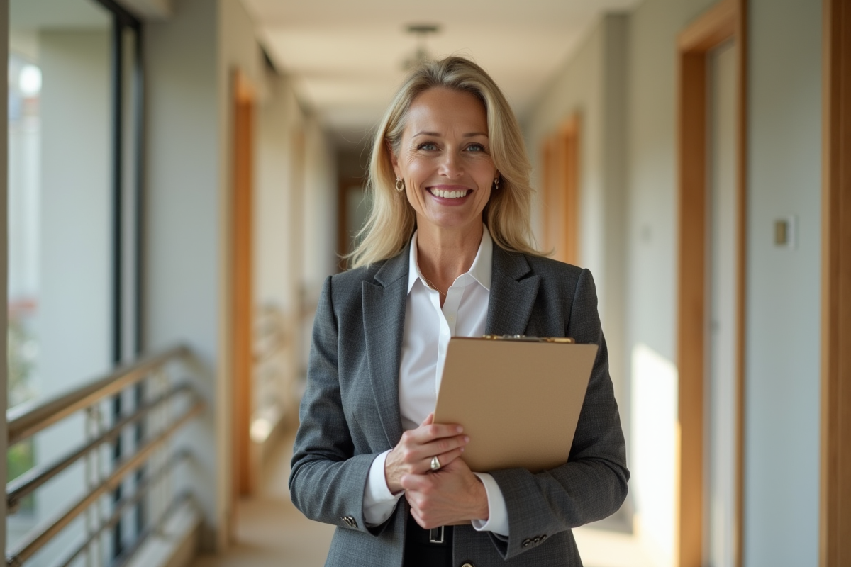Agent immobilier souriante dans un hall lumineux d