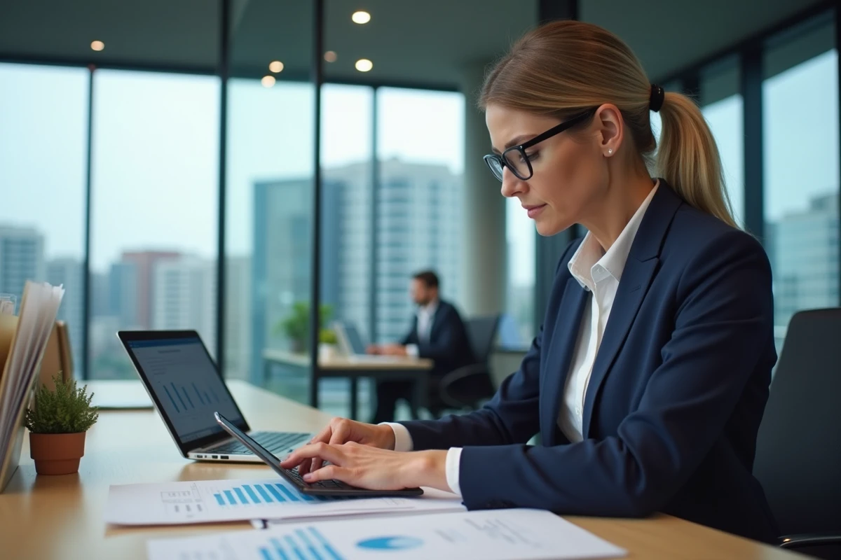 Gestionnaire immobilière analysant des documents de gestion sur tablette dans une agence immobilière moderne en 2026