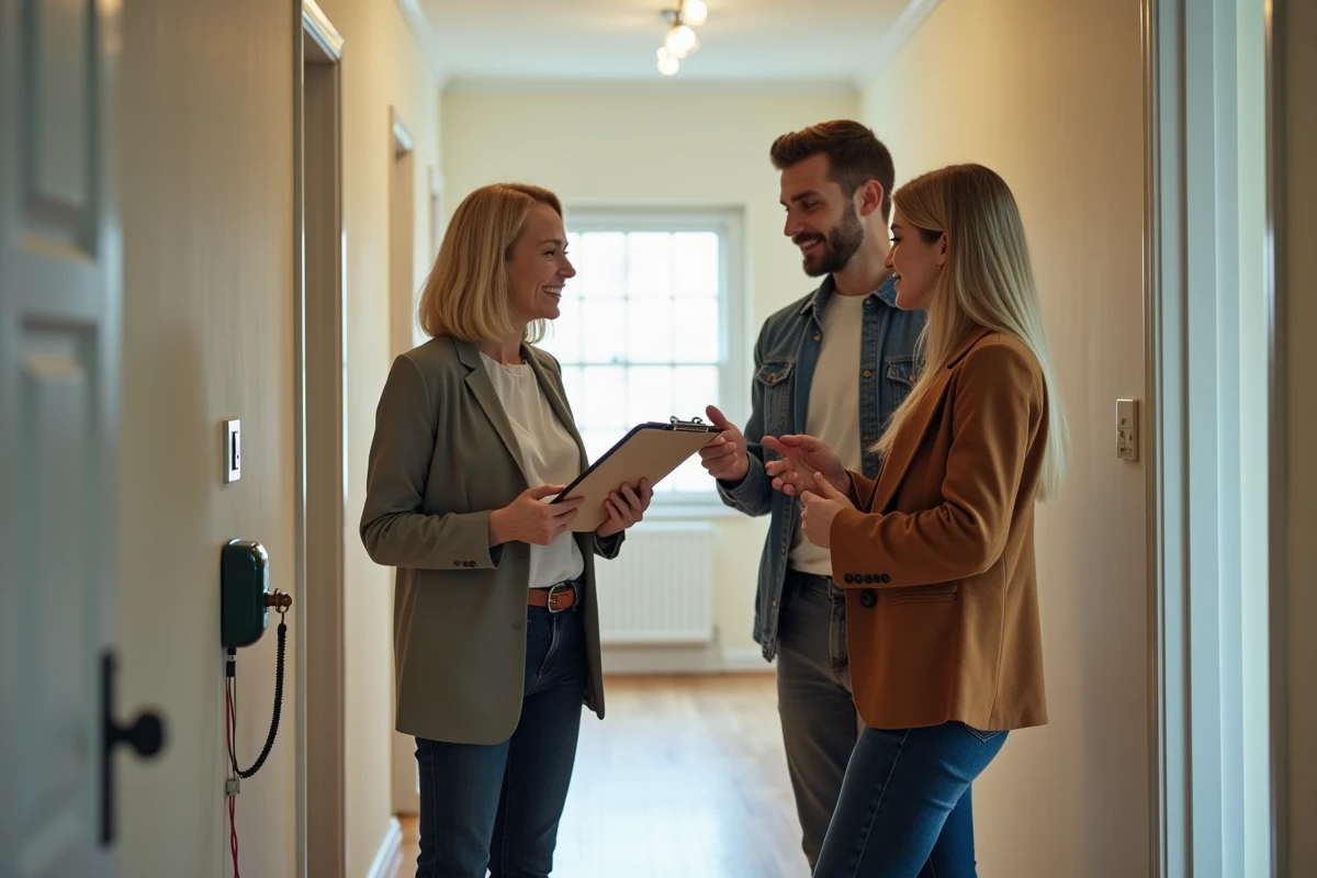 Gestionnaire immobiliere discutant avec un couple dans le couloir
