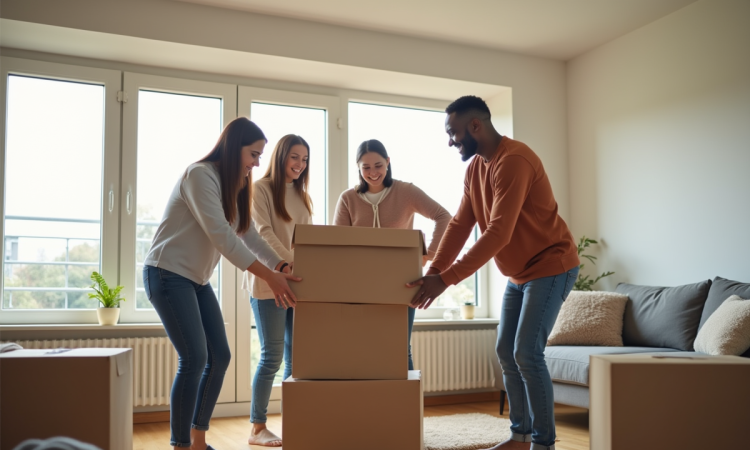 Groupe d'amis souriants aidant au déménagement dans un salon lumineux