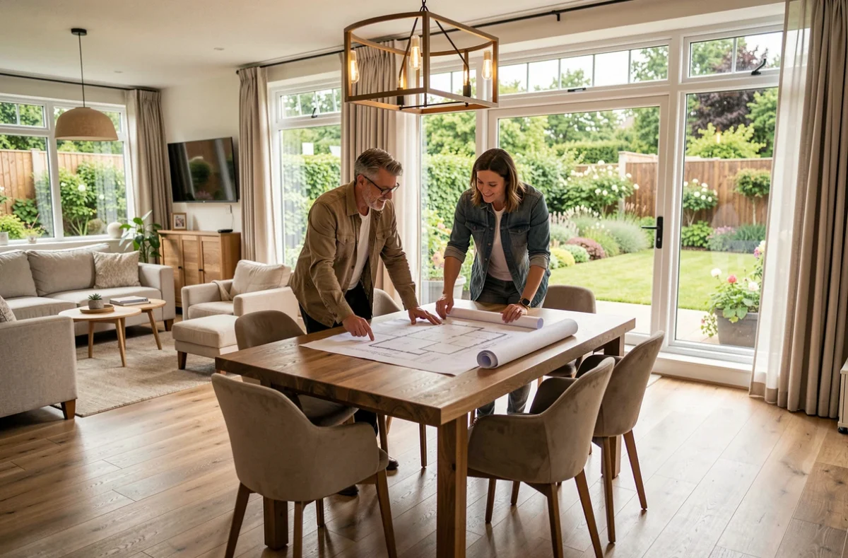 Couple consultant un conseiller Habitat Concept dans un salon modèle de maison individuelle