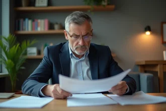 Homme d'affaires en costume examinant des documents importants