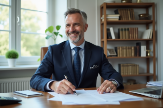 Homme d'affaires en costume bleu examine des documents fiscaux