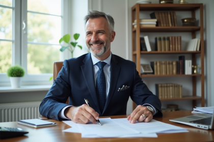 Homme d'affaires en costume bleu examine des documents fiscaux