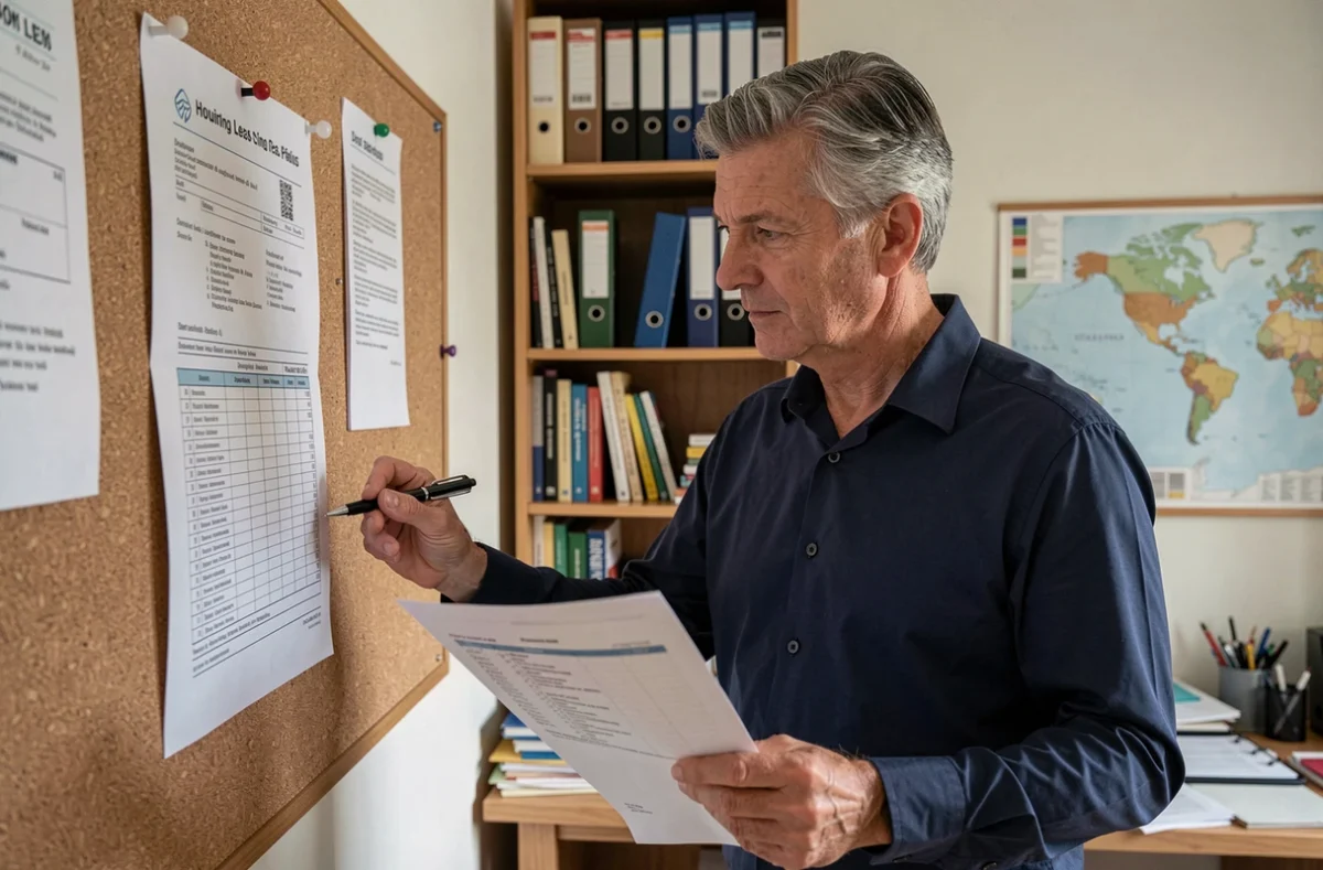Homme analysant un contrat de bail et des documents de calcul de surloyer dans un bureau à domicile organisé