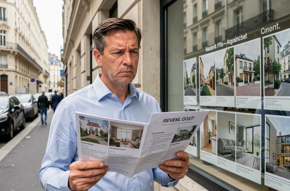 Homme tenant une annonce immobilière devant une agence en ville, illustrant les doutes des utilisateurs sur 123loger