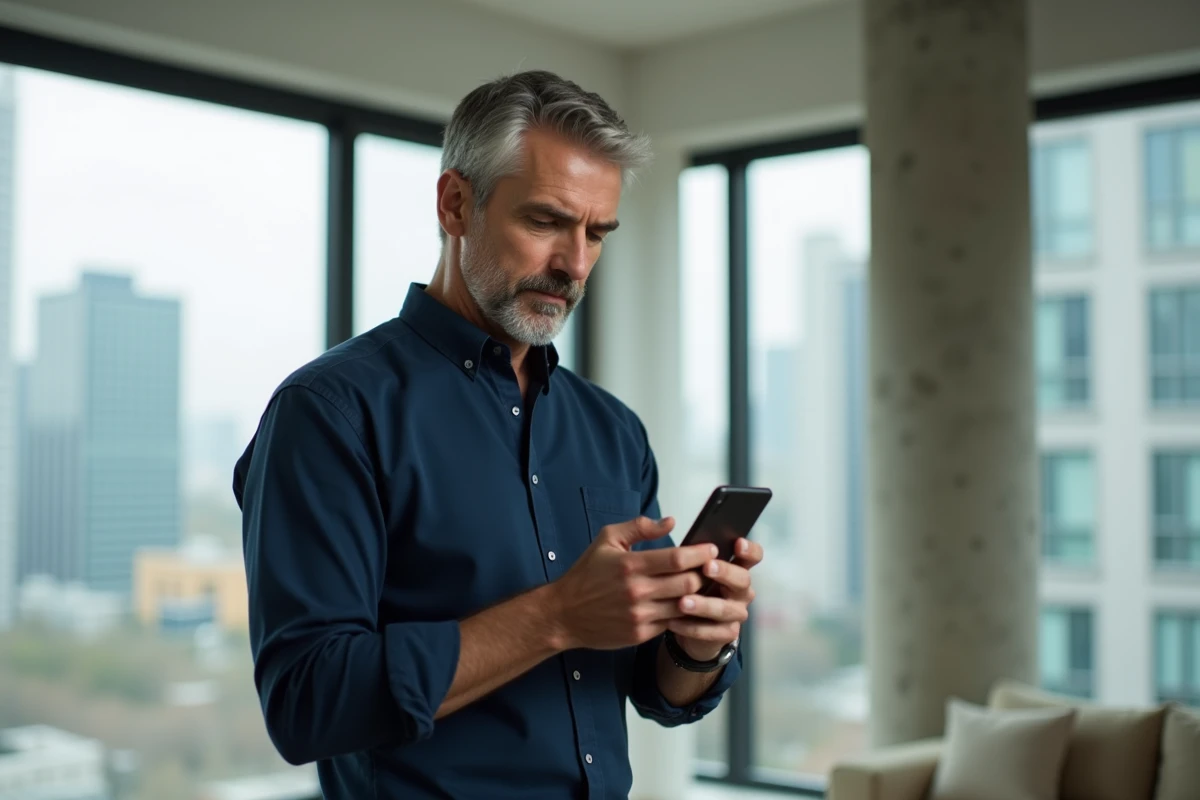 Homme consultant l'application MyNexity sur mobile dans un salon contemporain avec vue urbaine