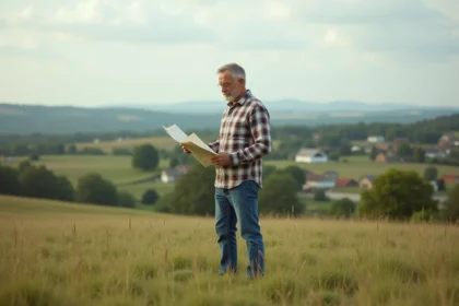 Homme d'âge moyen en jeans et chemise à carreaux dans la campagne
