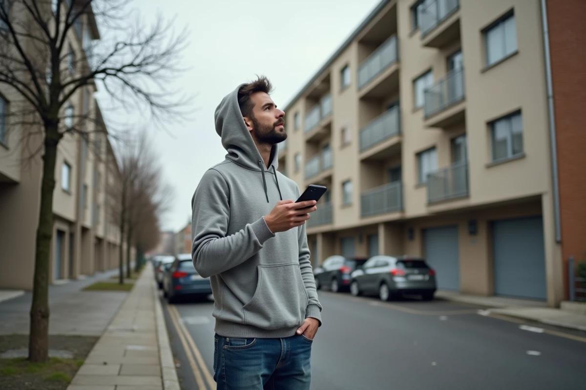 Jeune homme en CDI devant un immeuble de logement social HLM en France consultant son téléphone