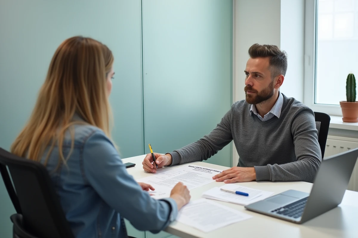 Homme en rendez-vous avec un conseiller pour constituer un dossier d'aide au logement