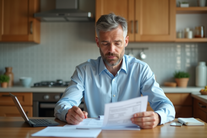 Homme d'âge moyen en costume examine un contrat de prêt immobilier dans la cuisine