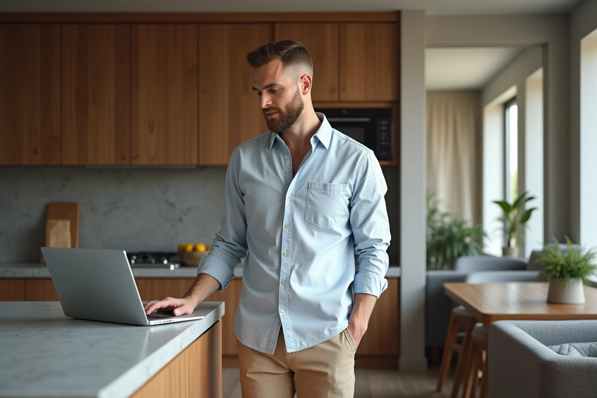 Homme dans une cuisine moderne avec ordinateur portable