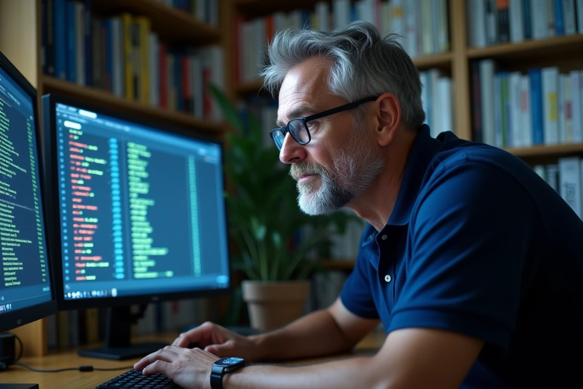 Homme consultant un tableau SQL avec des abréviations variées pour le mot appartement dans une base de données