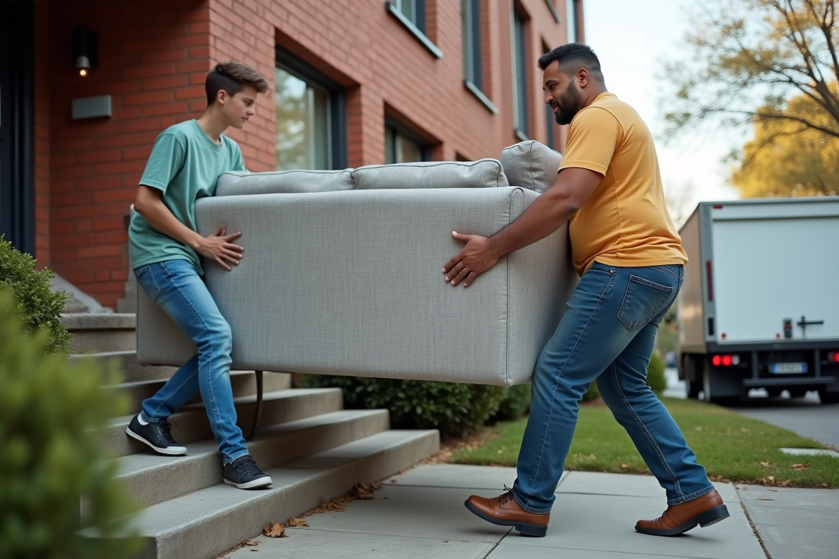 Homme et adolescent portant un canapé dans un environnement urbain