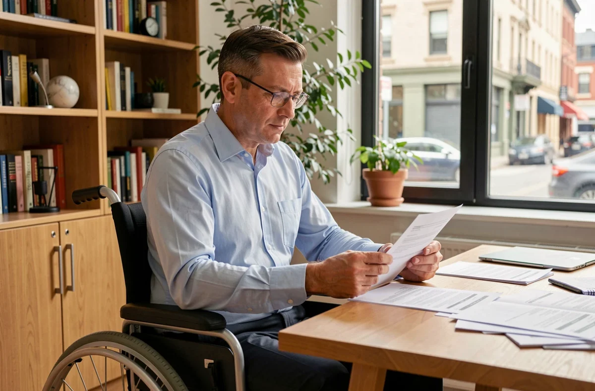 Homme en fauteuil roulant examinant un contrat de location dans un bureau à domicile moderne
