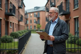 Homme d'âge moyen inspectant un immeuble résidentiel