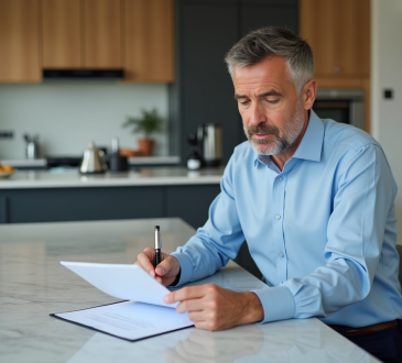 Homme d'âge moyen lisant des documents immobiliers dans une cuisine moderne