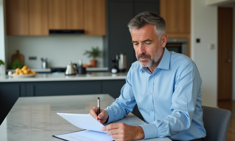 Homme d'âge moyen lisant des documents immobiliers dans une cuisine moderne