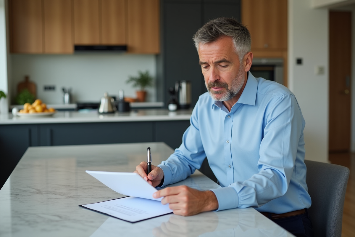 Homme d'âge moyen lisant des documents immobiliers dans une cuisine moderne