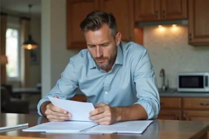 Homme d'âge moyen examinant des documents immobiliers à la maison