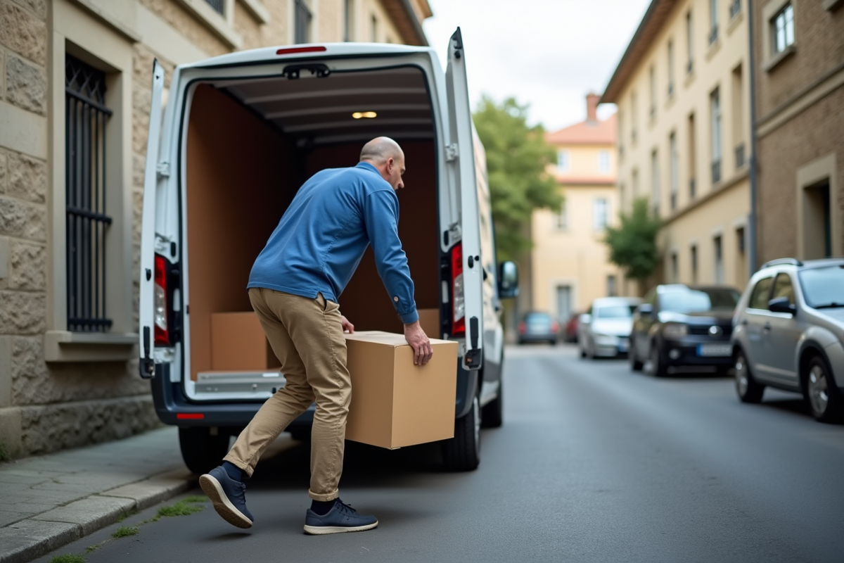 Homme soulevant une petite étagère dans une rue résidentielle