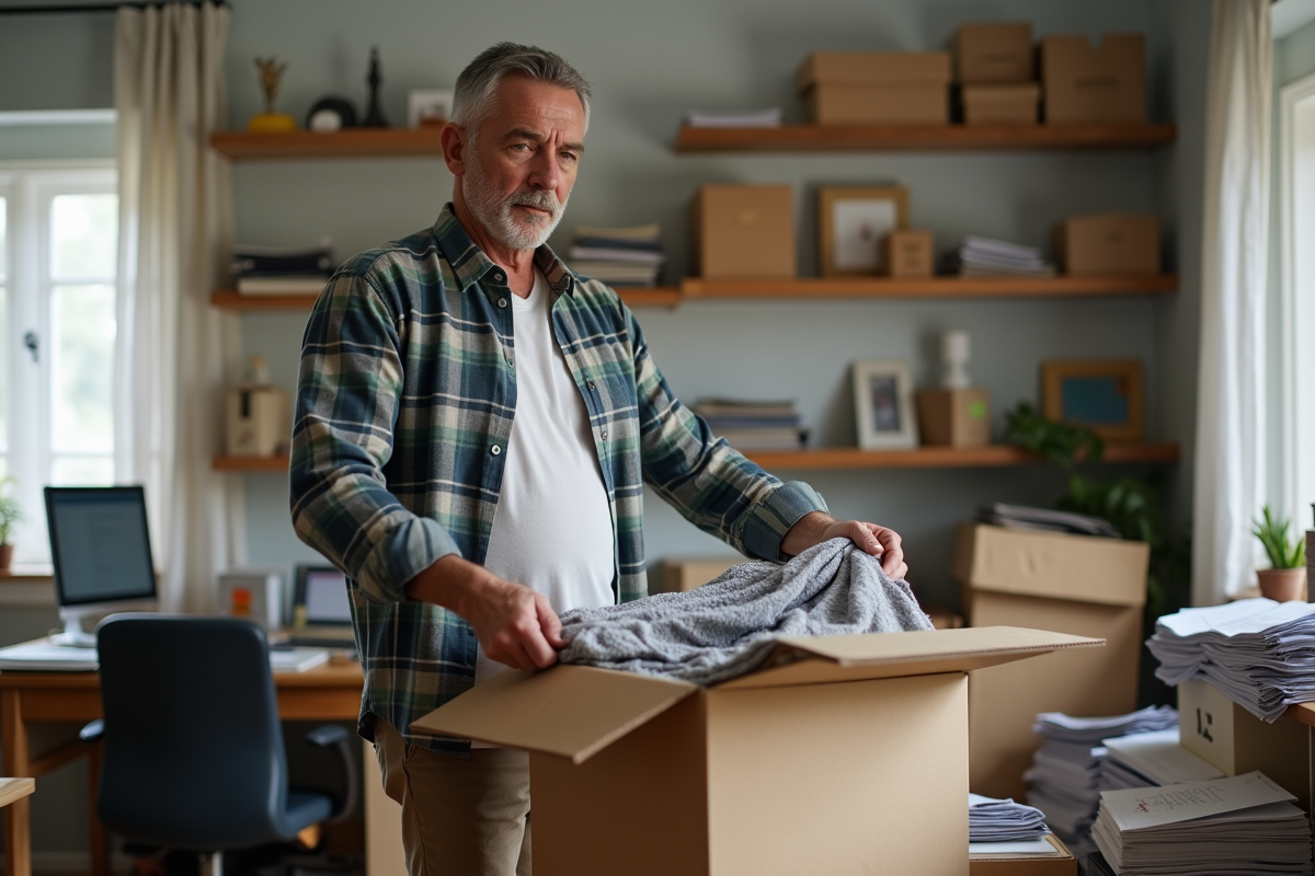 Homme ployant des vêtements dans un bureau en désordre