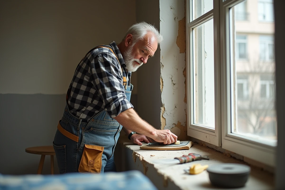 Homme en overalls ponçant un cadre de fenêtre en rénovation