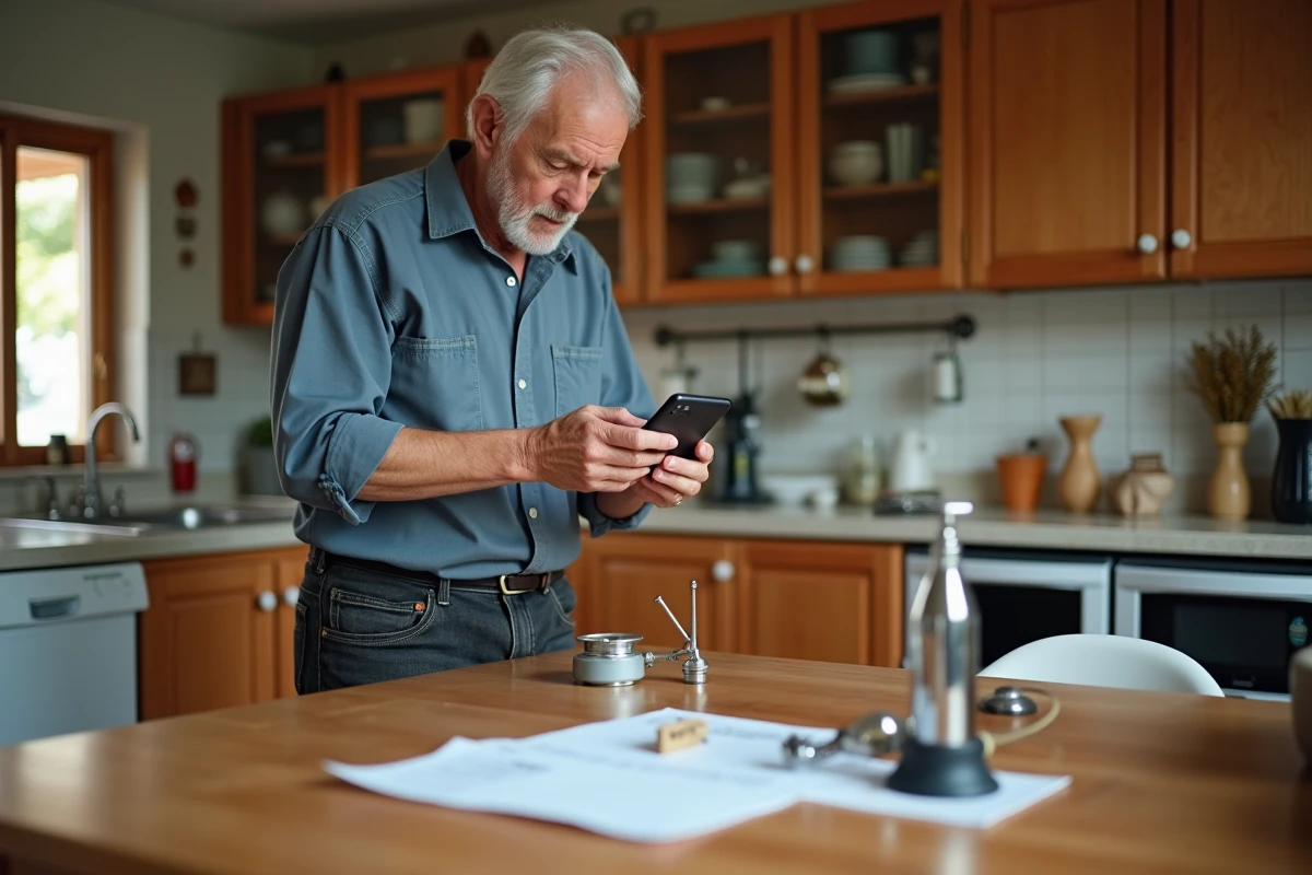 Homme âgé photographiant une vanne de toilette endommagée à la cuisine