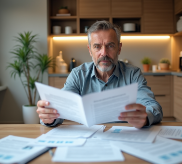 Homme d'âge moyen examine des documents de location dans une cuisine moderne
