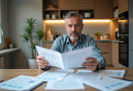 Homme d'âge moyen examine des documents de location dans une cuisine moderne