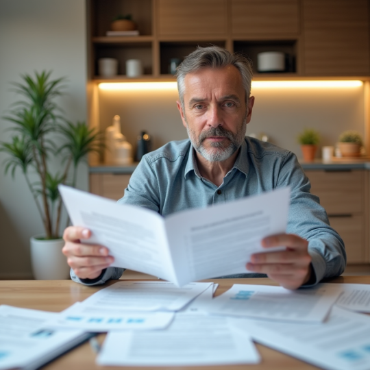 Homme d'âge moyen examine des documents de location dans une cuisine moderne