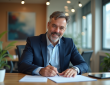 Homme en blazer signant des documents dans un bureau moderne