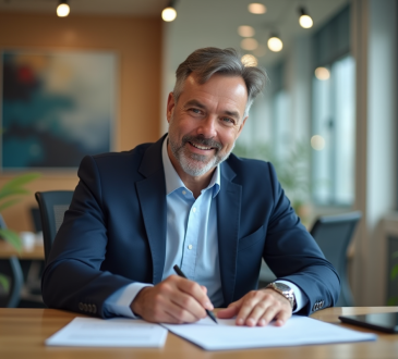 Homme en blazer signant des documents dans un bureau moderne