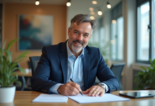 Homme en blazer signant des documents dans un bureau moderne