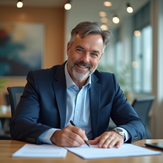 Homme en blazer signant des documents dans un bureau moderne