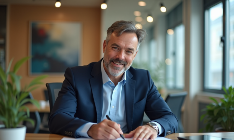 Homme en blazer signant des documents dans un bureau moderne