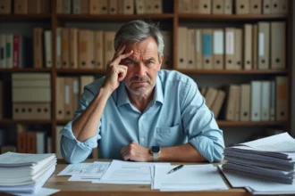 Homme stressé face à des documents administratifs liés à une déclaration d'achèvement de travaux non déposée