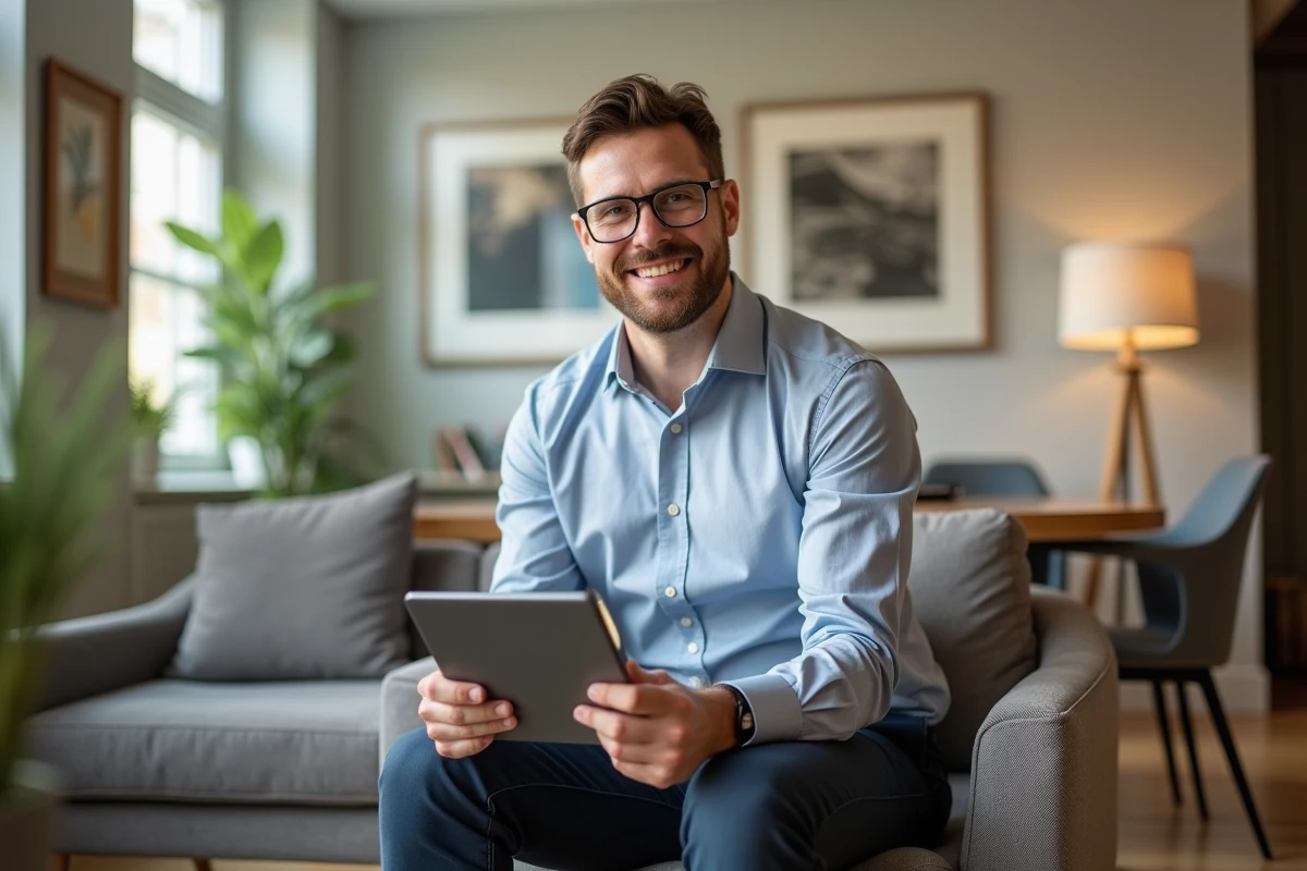 Homme d affaires utilisant une tablette dans un salon lumineux