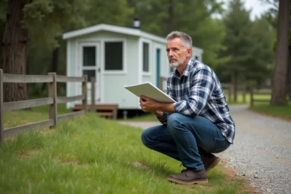 Homme d'âge moyen observant un terrain rural avec mobile home