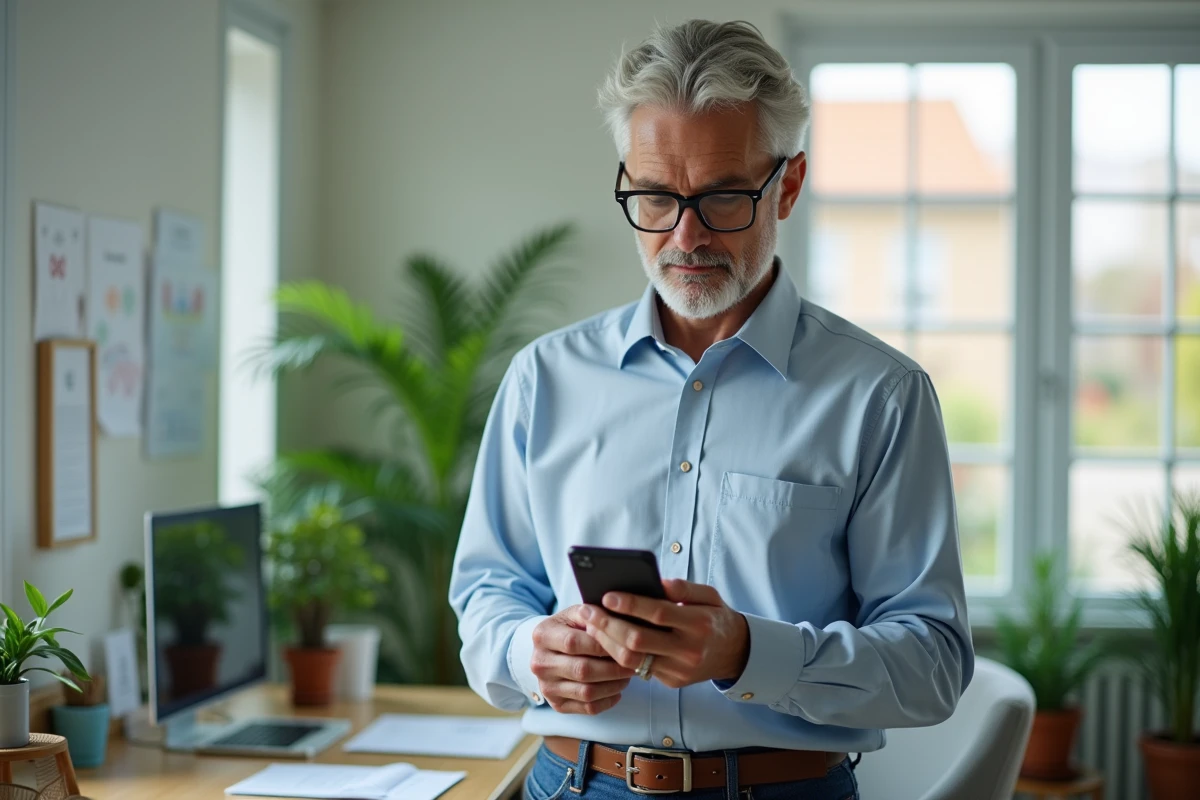 Homme vérifiant sa connexion internet dans un bureau lumineux