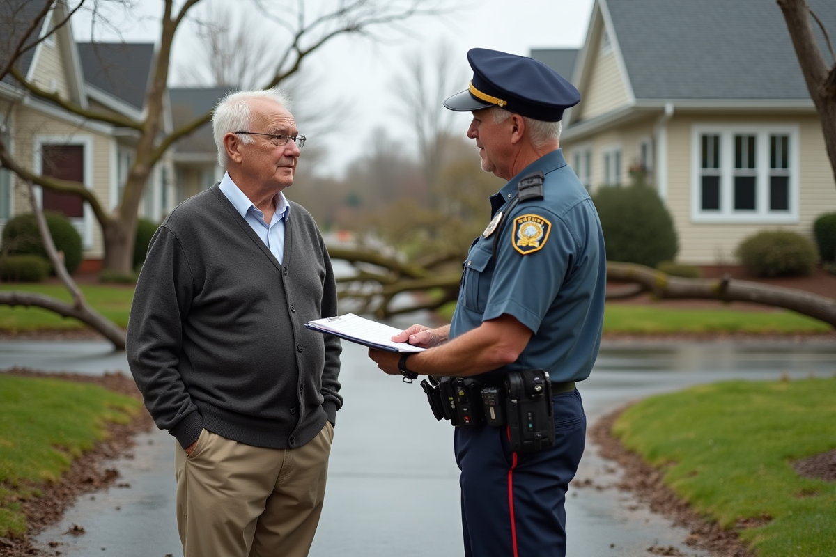 Homme âgé parlant avec un expert en assurance devant sa maison endommagée