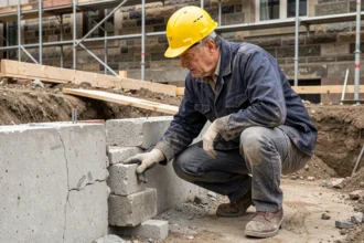 Ingénieur civil inspectant une reprise en sous-œuvre sur un chantier de fondation en milieu urbain