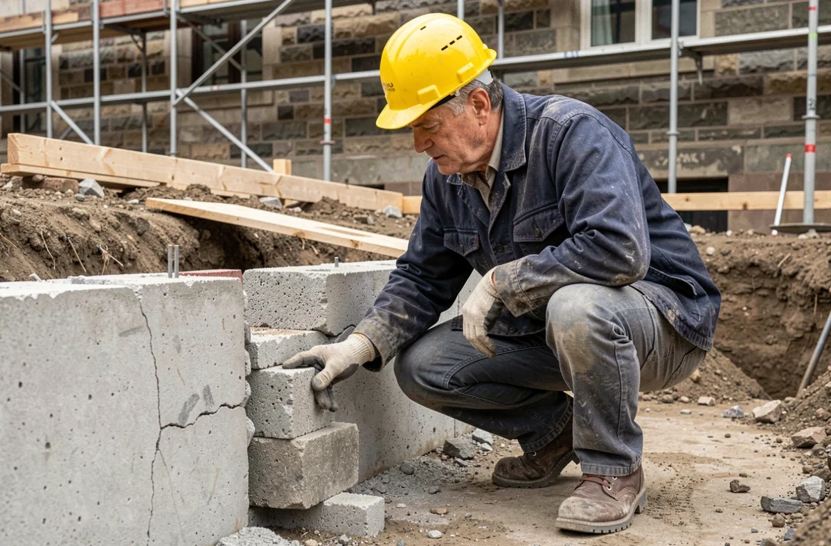 Ingénieur civil inspectant une reprise en sous-œuvre sur un chantier de fondation en milieu urbain