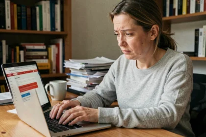 Femme concentrée remplissant un formulaire d'inscription SYPLO en ligne sur un ordinateur portable, avec un message d'erreur visible à l'écran