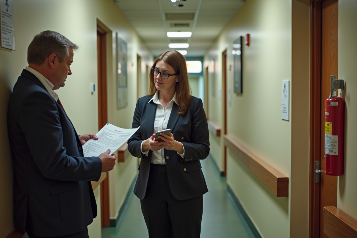 Femme vérifiant un document dans un couloir d