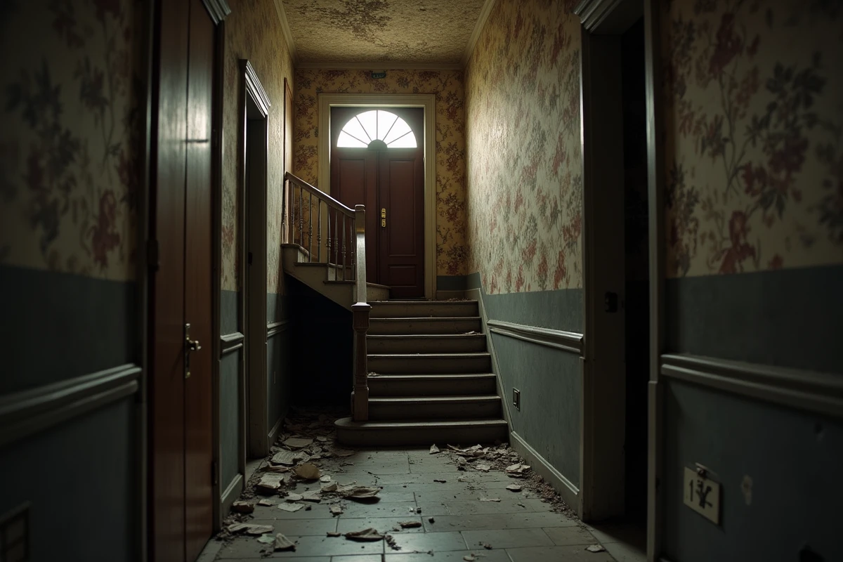 Couloir intérieur d'une maison de ville abandonnée en France avec papier peint décollé, escalier délabré et débris au sol